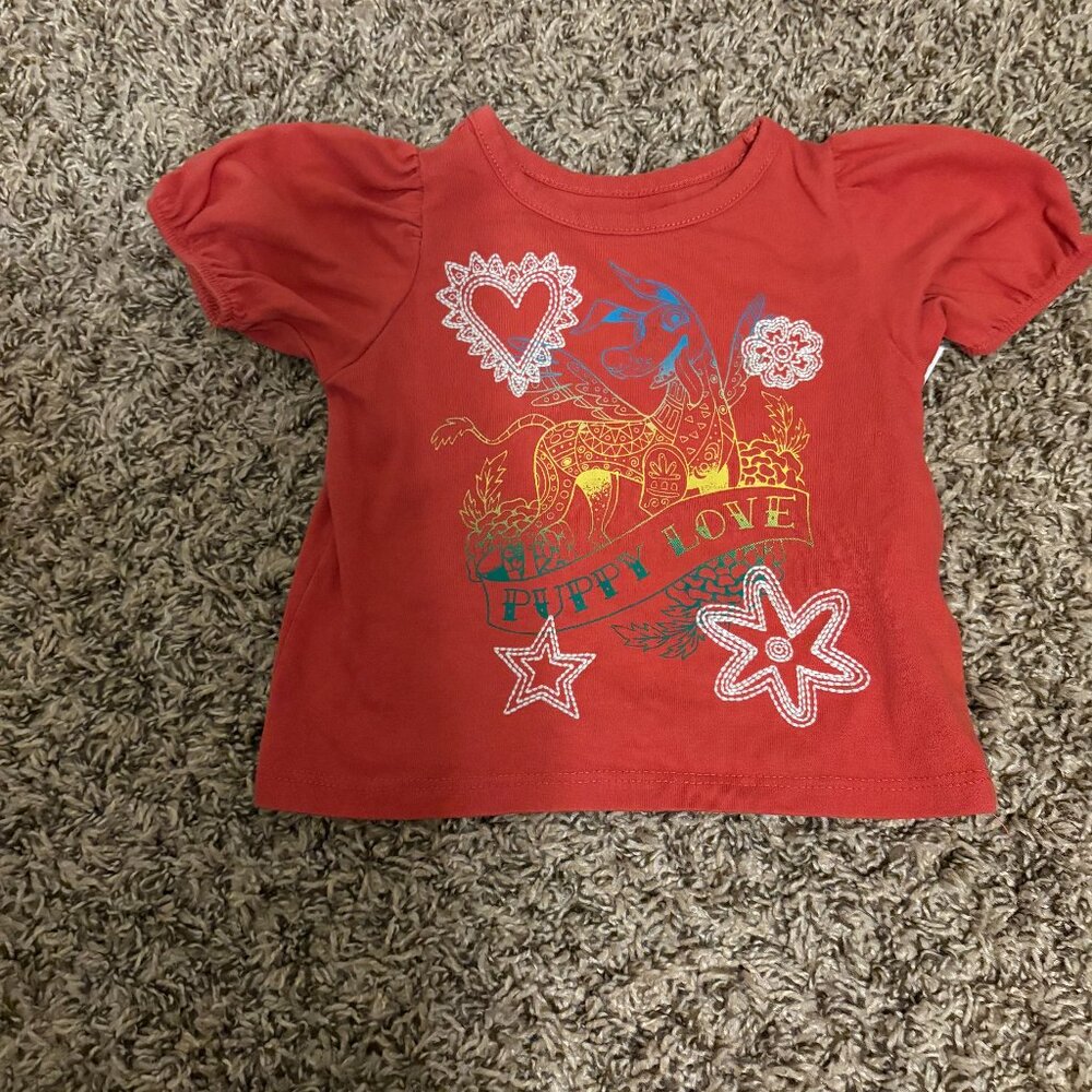 Disney Parks CoCo Shirt Size 2 Puppy Love Graphic Red Short Sleeve Embroidered